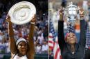 ADVANCE FOR WEEKEND EDITIONS, AUG. 29-30 - FILE - At left, in a July 11, 2015, file photo, Serena Williams reacts as she holds the trophy after winning the women's singles final against Garbine Muguruza of Spain, at the All England Lawn Tennis Championships in Wimbledon, London, At right, in a Sept. 7, 2014, file photo, Serena Williams holds up the championship trophy after defeating Caroline Wozniacki, of Denmark, during the final of the 2014 U.S. Open tennis tournament in New York. To Serena Williams, winning all four of tennis' most prestigious tournaments in the same season become "a distant dream, fable, kind of thing" _ and yet here she is, entering the U.S. Open on the brink of tennis' first Grand Slam in 27 years. (AP Photo/File)