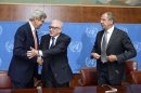 John Kerry shakes hand with Lakhdar Brahimi (centre) after talks with Sergei Lavrov in Geneva, on September 13, 2013