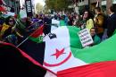 People walk with a giant Western Sahara flag during a demonstration in support of the independence of the Western Sahara in Madrid on November 16, 2014