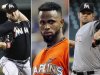 This photo combo made from file photos shows Miami Marlins players, from left, pitcher Mark Buehrle, shortstop Jose Reyes, and pitcher Josh Johnson. Miami traded the three players to the Toronto Blue Jays, a person familiar with the agreement said Tuesday, Nov. 13, 2012. The person confirmed the trade to The Associated Press on condition of anonymity because the teams weren't officially commenting. The person said the trade sent several of the Blue Jays' best young players to Miami. (AP Photos)