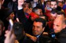 The leader of the biggest opposition party SDSM Zaev greets supporters during a pre election rally in Skopje