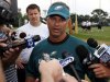 Philadelphia Eagles head trainer Rick Burkholder updates the media on the condition of defensive tackle Mike Patterson who had a seizure during NFL football training camp at Lehigh University Wednesday, Aug. 3, 2011 in Bethlehem, Pa. (AP Photo/Alex Brandon)