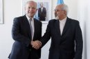 William Hague (L) shakes hands with Javad Zarif on September 23, 2013 in New York