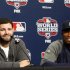 Detroit Tigers catcher Alex Avila and outfielder Austin Jackson talk with the media during a news conference at Comerica Park in Detroit