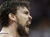 Memphis Grizzlies center Marc Gasol, of Spain, lets out a yell after scoring against the Los Angeles Clippers in the first half of Game 5 of a first-round NBA basketball playoff series, Wednesday, May 9, 2012, in Memphis, Tenn. (AP Photo/Mark Humphrey)