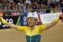 Australia's Annette Edmondson celebrates winning the women's 10km scratch race in the in the Sir Chris Hoy Velodrome during the Commonwealth Games in Glasgow on July 26, 2014