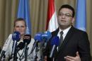 Minister of Migration and Displacement al-Jaff delivers a joint statement to the media with U.N. humanitarian coordinator in Iraq Grande in Baghdad