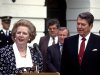 FILE - In a Friday, July 17, 1987 file photo, Prime Minister Margaret Thatcher of the United Kingdom, left, makes remarks after visiting United States President Ronald Reagan, right, at the White House in Washington, D.C. Thatchers former spokesman, Tim Bell, said that the former British Prime Minister Margaret Thatcher died Monday morning, April 8, 2013, of a stroke. She was 87. (AP Photo/DPA, Howard L. Sachs, File)