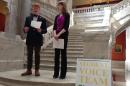 Gentry Fitch, 17, and Nicole Fielder, 18, speak to reporters at the Capitol on Wednesday, March 11, 2015 in Frankfort. The seniors at West Jessamine High School in Nicholasville are among a group of students who filed a bill that would allow school officials to appoint high school students to superintendent screening committees. (AP Photo/Adam Beam)