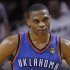Oklahoma City Thunder point guard Russell Westbrook pauses between plays against the Miami Heat during the second half at  Game 5 of the NBA finals basketball series, Thursday, June 21, 2012, in Miami. (AP Photo/Lynne Sladky)