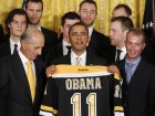 President Barack Obama honors the 2010-2011 Stanley Cup champion Boston Bruins hockey team, Monday, Jan. 23, 2012, in the East Room of the White House in Washington. Team owner Jeremy Jacobs is at left.(AP Photo/Haraz N. Ghanbari)