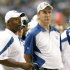 FILE - In this  Aug. 26, 2011, file photo, Indianapolis Colts quarterback Peyton Manning, right, talks with head coach Jim Caldwell during the second quarter of an NFL preseason football game against the Green Bay Packers in Indianapolis. Manning will not play Sunday, Sept. 11, 2011, in the season opener at Houston, bringing an end to his streak of 227 consecutive starts, including the playoffs. The team said 38-year-old Kerry Collins will start against the Texans as Manning continues his long recovery from neck surgery in May.(AP Photo/AJ Mast, File)