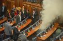 Kosovo lawmakers step back as tear gar fills the chamber at Kosovo's parliament in Pristina on October 23, 2015