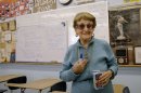 FILE - This Feb. 6, 2007 file photo shows Octogenarian teacher Rose Gilbert, 88, in her Advance Placement English Literature class at the Pacific Palisades High School in Pacific Palisades, Calif. One of the oldest full time schoolteachers in the nation has retired at the age of 94. Gilbert has been teaching since 1956. (AP Photo/Damian Dovarganes, file)