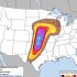 This graphic provided Friday, April 13, 2012, by NOAA's Storm Prediction Center shows a high risk of severe weather in portions of Kansas and Oklahoma on Saturday, April 14. According to forecasters, there is a 60 percent chance of tornadoes, high wind and hail within 25 miles of a point in an area from Salina, Kan., to Oklahoma City. Also, in the area marked with dashed lines, there is a 10 percent or greater chance that storms within 25 miles of a point could be significant. That region stretches from near Omaha, Neb., to west of Dallas. (AP  Photo/NOAA)