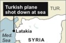 Map locates Latakia, Syria, near where a Turkish plane was shot down by Syria.