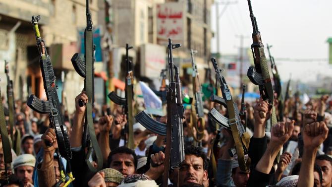 Yemeni supporters of the Shiite Huthi rebel group take part in a demonstration against the air strikes by the Saudi-led coalition, on April 27, 2015 in the capital Sanaa