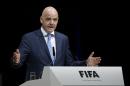 FIFA presidential candidate Gianni Infantino, of Switzerland, delivers a speech during the Extraordinary FIFA Congress 2016 in Zurich, Switzerland, Friday, Feb. 26, 2016. The FIFA Congress is being held in order to vote on the proposals for amendments to the FIFA Statutes and choose the new FIFA President. (Patrick B. Kraemer/Keystone via AP)