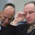 Norwegian Anders Behring Breivik, right, who is facing terrorism and premeditated murder charges, reacts as a video presented by the prosecution is shown in court, Oslo, Norway, Monday, April 16, 2012. Breivik, who confessed to killing 77 people in a bomb-and-shooting massacre went on trial in Norway's capital Monday, defiantly rejecting the authority of the court. At left is defence lawyer Geir Lippestad. (AP Photo/Heiko Junge, Pool)