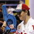 New York Giants quarterback Eli Manning holds up a foam finger during Media Day for NFL football's Super Bowl XLVI Tuesday, Jan. 31, 2012, in Indianapolis. (AP Photo/Eric Gay)