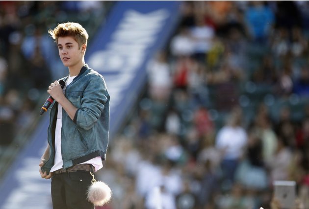 Singer Justin Bieber speaks on stage to introduce singer Carly Rae Jepsen at the 2012 Wango Tango concert at the Home Depot Center in Carson