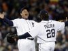 Detroit Tigers' Miguel Cabrera, left, and Prince Fielder (28) celebrate their 5-4 win over the Kansas City Royals in a baseball game in Detroit, Wednesday, Sept. 26, 2012. (AP Photo/Paul Sancya)