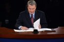 Moderator Jim Lehrer looks over his notes before the first presidential debate at the University of Denver, Wednesday, Oct. 3, 2012, in Denver. (AP Photo/Pool-Michael Reynolds)
