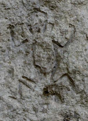 Carvings are seen on a rock wall in Binangonan, east …