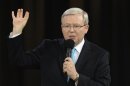 Australian Prime Minister Kevin Rudd talks during the People's Forum with opposition leader Tony Abbott in Sydney