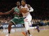New York Knicks guard J.R. Smith, right, drives past Boston Celtics forward Jeff Green (8) during the first half of Game 1 in the first round of the NBA basketball playoffs at Madison Square Garden in New York, Saturday, April 20, 2013.  (AP Photo/Kathy Willens)