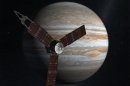 This undated image released by NASA shows an artist rendering of the Juno spacecraft circling Jupiter. The spacecraft planned to fire its engine on Aug. 30, 2012, the first of two engine burns to set it up for an Earth gravity assist next year. It's due to arrive at Jupiter in 2016. (AP Photo/NASA)