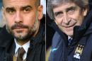 Bayern Munich coach Pep Guardiola (L) will replace Manuel Pellegrini (R) as Manchester City manager