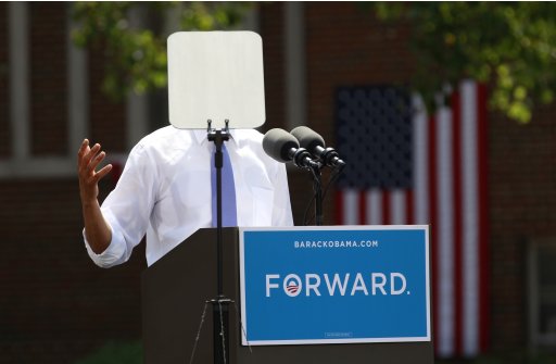 A teleprompter obscures U.S. President Obama as he speaks during a campaign event in Columbus, Ohio