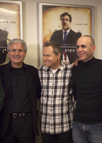 FILE - In this Jan. 24, 2012 file photo from right: Israeli film director Joseph Cedar, actor Shlomo Bar Aba, and producer Moshe Edry stand together during a press conference after the film "Footnote", a mordant tale of rivalry between father-son Talmudic scholars was nominated in the Academy Awards' best foreign-language film category, in Tel Aviv, Israel.The budgets are bare-bones and the talent pool is limited, but little Israel has emerged as a surprising powerhouse in the foreign film industry. The Israeli film "Footnote," up for an Academy Award for Best Foreign Language Film this year, is Israel's fourth such nomination in the past five years _ crowning Israel in that five-year period with more nominations than any other country.(AP Photo/Dan Balilty, Files)