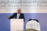 <p>               Greek Deputy Prime Minister Theodoros Pangalos speaks during a business forum in front of United Arab Emirates Foreign Minister Sheikh Abdullah bin Zayed Al Nahyan in the Lagonissi resort south of Athens, on Wednesday, Jan.11, 2012. Debt-crippled Greece is seeking to boost investment from the United  Arab Emirates, and officials from both countries expressed interest in boosting economic ties. (AP Photo/Petros Giannakouris)