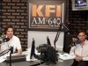 In this March 9, 2011 file photo, KFI AM 640 Radio's John Kobylt, left, and Ken Chiampou, record their radio show at their station in Burbank, Calif. The station said in a statement that Kobylt and Chiampou were "suspended for making insensitive and inappropriate comments about the late Whitney Houston." Kobylt said in statement that they "used language that was inappropriate” and they “sincerely apologize to our listeners and to the family of Ms. Houston." The hosts, who often rail against taxes and illegal immigration, will return to the airwaves Feb. 27.  (AP Photo/Damian Dovarganes)