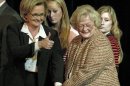 FILE - In this Oct. 11, 2006 file photo, then-candidate for U.S. Senate Claire McCaskill, left, gives the thumbs up to supporters as she holds the hand of her mother, Betty Anne McCaskill, after her debate against incumbent Sen. Jim Talent at Clayton high school in Clayton, Mo. McCaskill's campaign said that 84-year-old Betty Anne Ward McCaskill died Monday, Oct. 29, 2012 at her home in St. Louis. The Democratic senator had said Saturday that her mother suffered from "acute cardio-renal failure" and had lost consciousness at several points in recent days. (AP Photo/Tom Gannam, File)