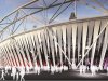 In this artist's rendering provided by Dow Chemical Thursday, Aug. 4, 2011, an innovative wraparound curtain encircling the Olympic Stadium for the 2012 Games is seen. Olympic officials had scrapped the wrap late last year because its price tag of 7 million pounds ($11.4 million) had been deemed too expensive at a time of economic austerity. Architects and artists had decried the decision, suggesting the look and image of the games would suffer. But now, the wrap is back. Dow Chemical, the Midland, Michigan conglomerate, won a bid process to take on the visual centerpiece of the Olympics. (AP Photo/Dow Chemical)