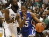 Oklahoma City Thunder's Kevin Durant, right, playing for Goodman League, drives on Thunder teammate James Harden, left, playing for Drew League, during an all-star basketball game at Trinity University in Washington, Saturday, Aug. 20, 2011. (AP Photo/Charles Dharapak)