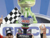 Tony Stewart holds the trophy as he celebrates with his crew after he won the NASCAR Sprint Cup Series Geico 400 auto race at Chicagoland Speedway in Joliet, Ill., Monday, Sept. 19, 2011. (AP Photo/Nam Y. Huh)