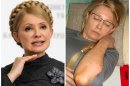 This combination of two photos shows on the left, in a Dec. 29, 2009 file photo, then Ukrainian Prime Minister Yulia Tymoshenko speaking to the media in Kiev, Ukraine, and on the right, in a photo provided by Ukrainian Pravda, taken Wednesday, April 25, 2012, Tymoshenko shows bruises on her body to the Ukrainian Commissioner for Human Rights in Kachanovskaya prison in Kharkiv, Ukraine, which she said she sustained when prison guards attacked her on Friday April 20 when trying to transport her to a local hospital against her will. (AP Photos)