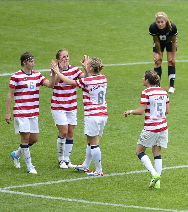 The USA celebrates defeating New Zealand in their women's quarter final soccer match at the London 2012 Olympic Games at St James' Park in Newcastle