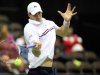 John Isner of the U.S. hits a return to Brazil's Thiago Alves during their Davis Cup tennis match in Jacksonville, Florida