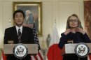 U.S. Secretary of State Hillary Clinton (R) meets Japan's Foreign Minister Fumio Kishida at the State Department in Washington