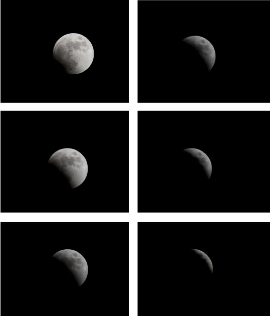 In this 6-picture combo the Earth casts its shadow over the moon (beginning top left)  in a Total Lunar Eclipse as seen Wednesday, June 15, 2011 in Tel Aviv, Israel. (AP Photo/Ariel Schalit)