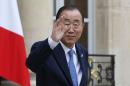 United Nations Secretary General Ban Ki-Moon gestures as he leaves after a meeting with France's president on August, 25 2015, at the Elysee Palace in Paris