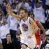 Golden State Warriors' Stephen Curry (30) celebrates after making a 3-pointer against the Los Angeles Clippers during the first half of an NBA basketball game in Oakland, Calif., Wednesday, Jan. 2, 2013. (AP Photo/Marcio Jose Sanchez)