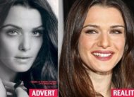 Perbandingan wajah Rachel Weisz antara iklan (kiri) dan realita (kanan)