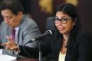 Venezuelan Foreign Minister Delcy Rodriguez speaks to the media during a news conference in Caracas