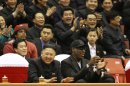 FILE - In this Feb. 28, 2013 file photo, North Korean leader Kim Jong Un, left, and former NBA star Dennis Rodman watch North Korean and U.S. players in an exhibition basketball game at an arena in Pyongyang, North Korea. Rodman showed Kim Jong Un some of the finer points of basketball, and the North Korean ruler was so impressed he raided the country's stock of fine food and drink for a party that lasted well into the night. "Guess what, I love him,'' the clearly smitten Rodman said. "The guy's really awesome." (AP Photo/VICE Media, Jason Mojica, File)
